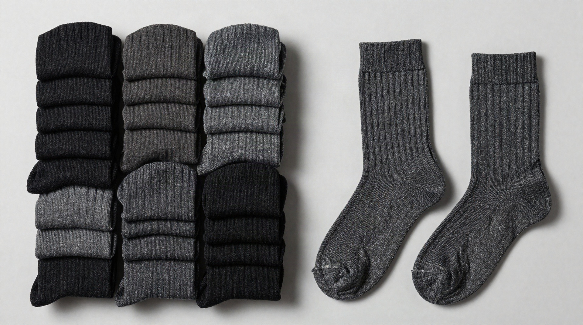Flat lay of socks arranged to show assortment grouping and duplicate identification.